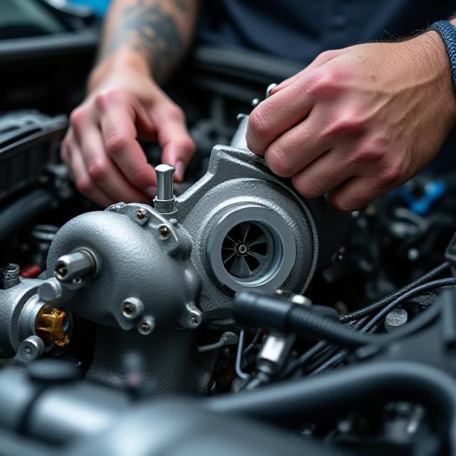 Close up of a mechanic adjusting a turbocharger on a performance vehicle with intricate tools and specialized components.