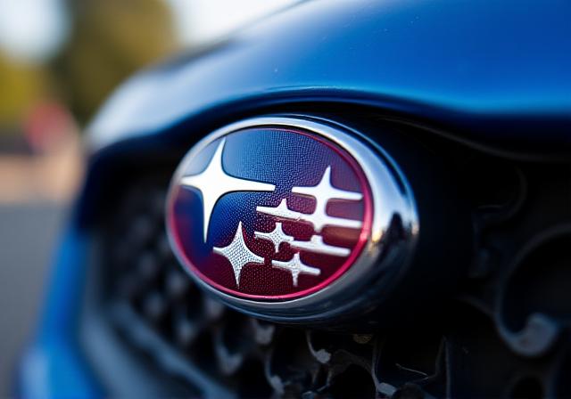 Close-up on the iconic Subaru WRX STI badge, symbolizing rally-bred performance.